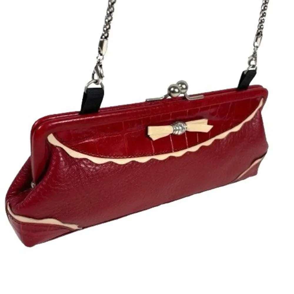 Brighton Red Pebbled & Croc Leather Crossbody Evening Bag Clutch Chain Strap - Picture 4 of 16